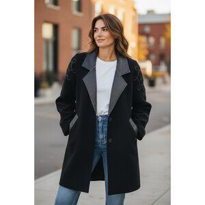 Vintage 1980s David Benjamin Collection Sz 14 Wool & Leather Jacket Coat Uruguay